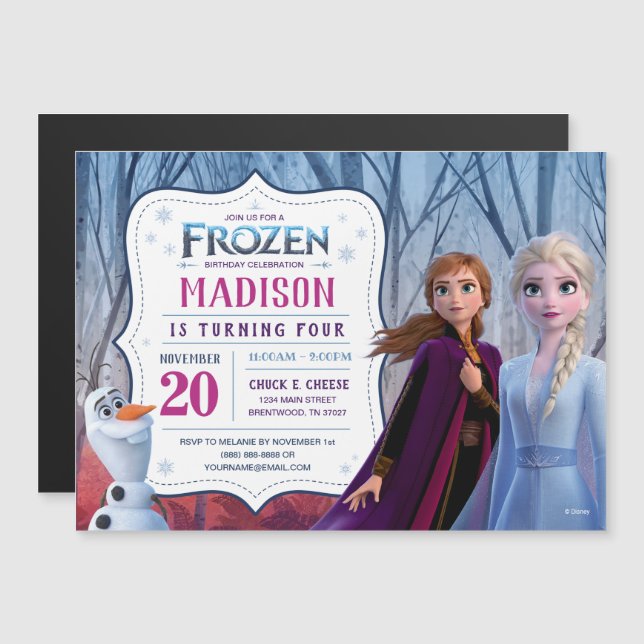 Invitation Magnétique Froid 2 - Anna, Elsa & Olaf fête d'anniversaire (Devant / Derrière)