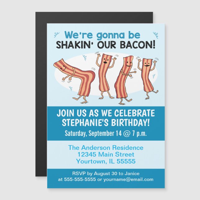 Invitation Magnétique Funny Shakin’ Notre Bacon Birthday Party Invitatio (Devant / Derrière)
