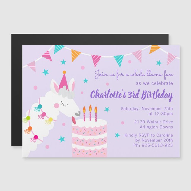 Invitation Magnétique Gâteau tout Llama amusant 3ème anniversaire violet (Devant / Derrière)