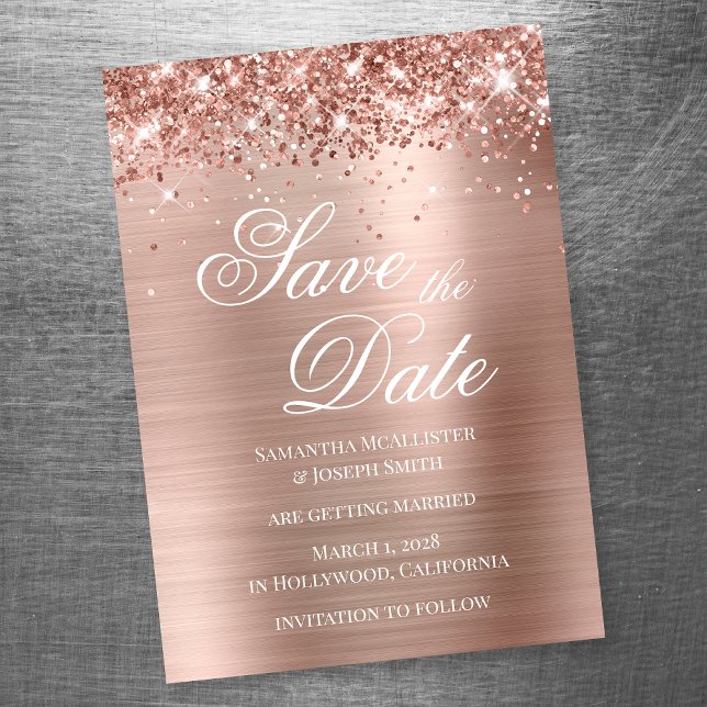 Invitation Magnétique Glittery Rose Gold Foil Enregistrer la date (Créateur téléchargé)