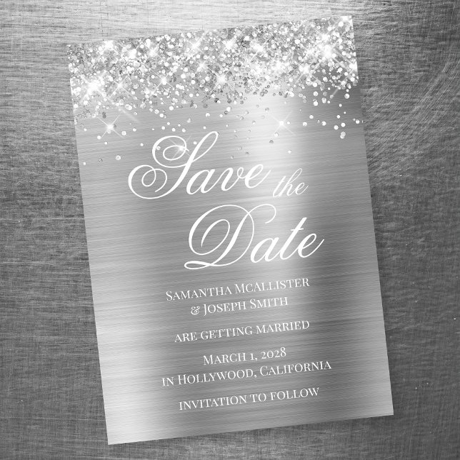 Invitation Magnétique Glittery Silver Foil Enregistrer la date (Créateur téléchargé)