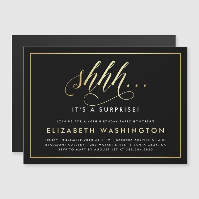 Invitation Magnétique Gold & Black Surprise Anniversaire (Devant / Derrière)