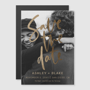 Invitation Magnétique Gold Calligraphy Photo Enregistrer la date