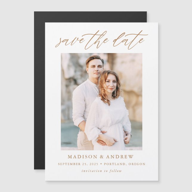 Invitation Magnétique Gold Elegant Script Photo Enregistrer la date (Devant / Derrière)