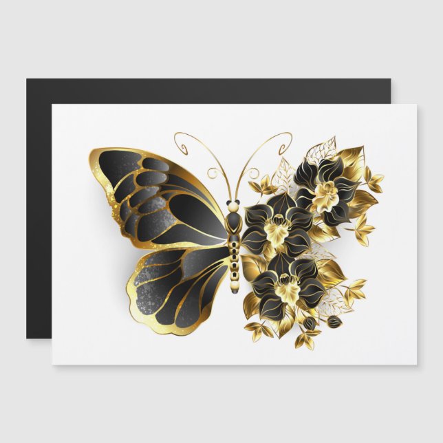 Invitation Magnétique Gold flower Butterfly with Black Orchid (Devant / Derrière)