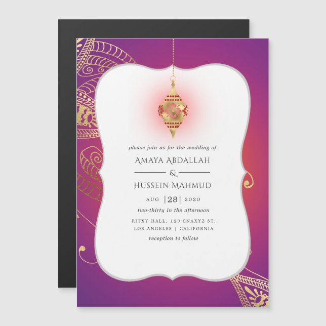 Invitation Magnétique Gold Foil Arabian Bollywood Mariage (Devant / Derrière)