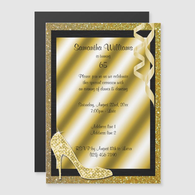 Invitation Magnétique Gold Glittery Stiletto & Streamers 65e anniversair (Devant / Derrière)