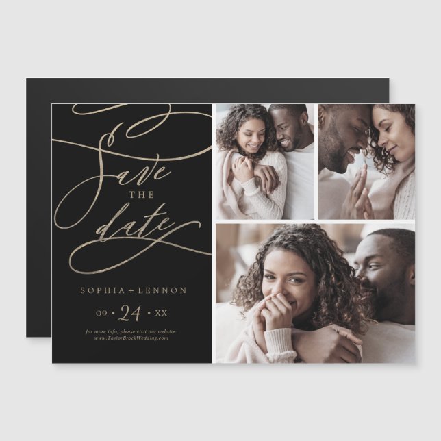 Invitation Magnétique Gold romantique et Black 3 Photo Enregistrer la da (Devant / Derrière)
