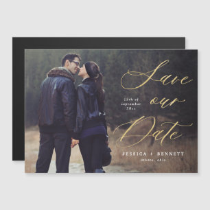 Invitation Magnétique Gold Script Overlay Photo Enregistrer l'aimant Dat