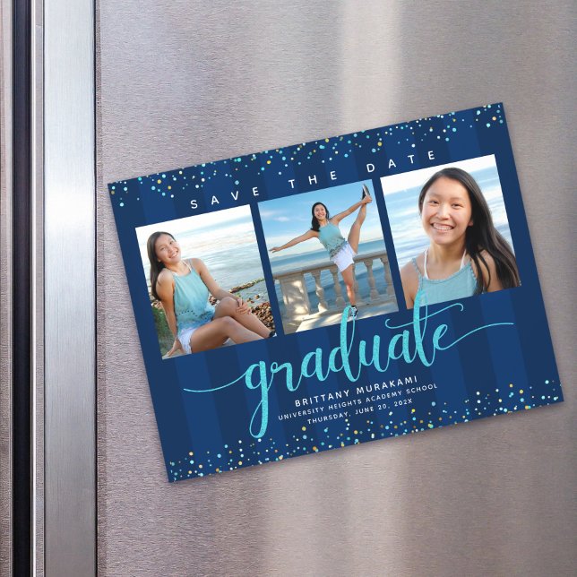 Invitation Magnétique Graduation 3 Photo Marine Bleu Enregistrer la date (Créateur téléchargé)