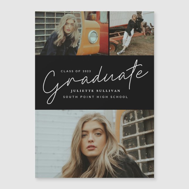 Invitation Magnétique Graduation du collage photo de script moderne (Devant)