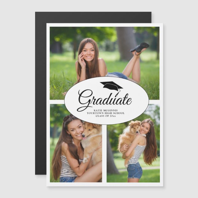 Invitation Magnétique Graduation moderne blanche 3 Photo Collage Classe  (Devant / Derrière)