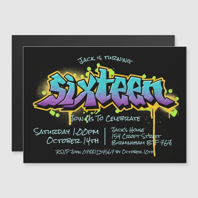 Invitation Magnétique Graffiti Seize (Devant / Derrière)