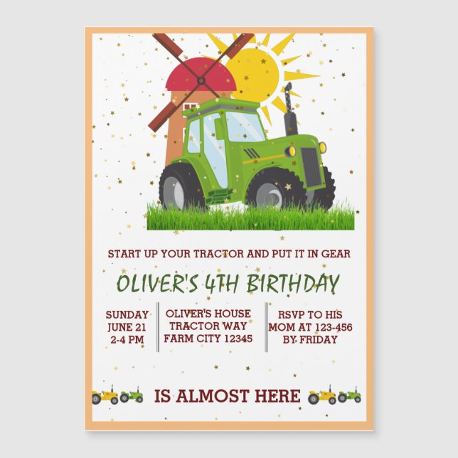 Invitation Magnétique Green Tractor Boys Thème Anniversaire Fête (Devant)