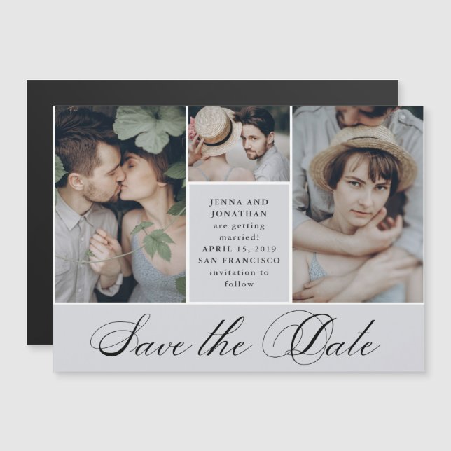 Invitation Magnétique Grille élégante | 4 mariage photo Enregistrer la d (Devant / Derrière)
