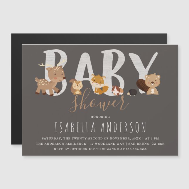 Invitation Magnétique Gris | Cute Bois Animaux Baby shower neutre (Devant / Derrière)