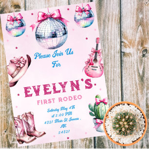 Invitation Magnétique Guitare rose Cowboy Party Cactus Anniversaire
