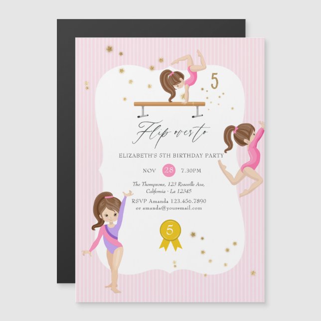 Invitation Magnétique Gymnastique rose et or 5e fête d'anniversaire (Devant / Derrière)