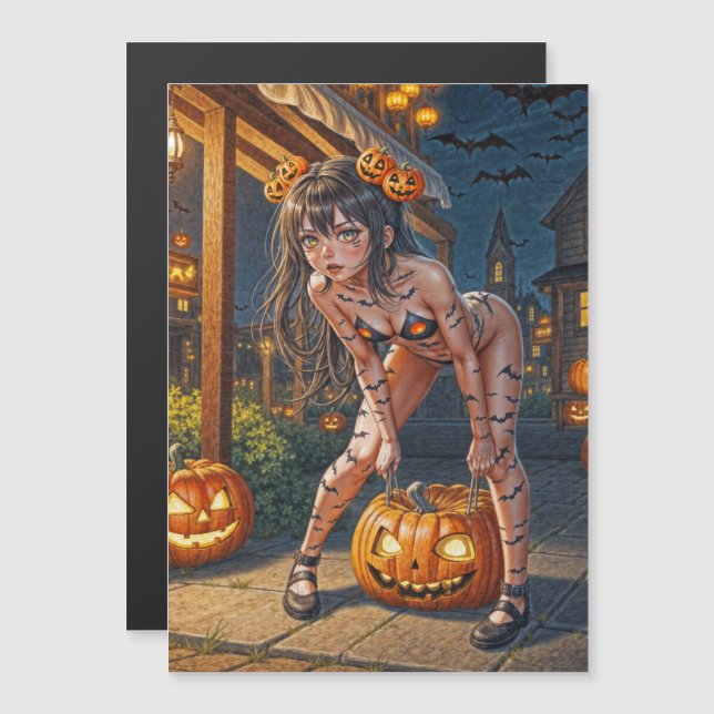 Invitation Magnétique Halloween Monster Jack-o-Lantern & Bat Vixen Girl (Devant / Derrière)