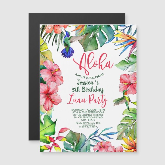 Invitation Magnétique Hawaiian Tropical Floral Anniversaire Luau (Devant / Derrière)