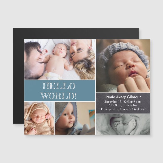 Invitation Magnétique Hello World Custom photo collage bébé naissance (Devant / Derrière)
