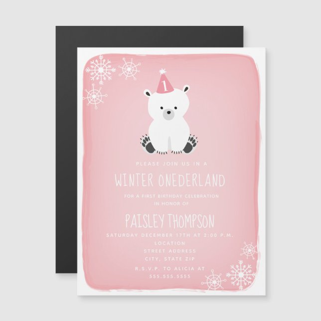 Invitation Magnétique Hiver Onederland Ours polaire rose Premier anniver (Devant / Derrière)