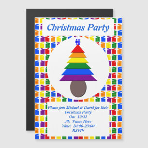 Invitation Magnétique Hommes gais Arbre de Noël arc-en-ciel et présente 