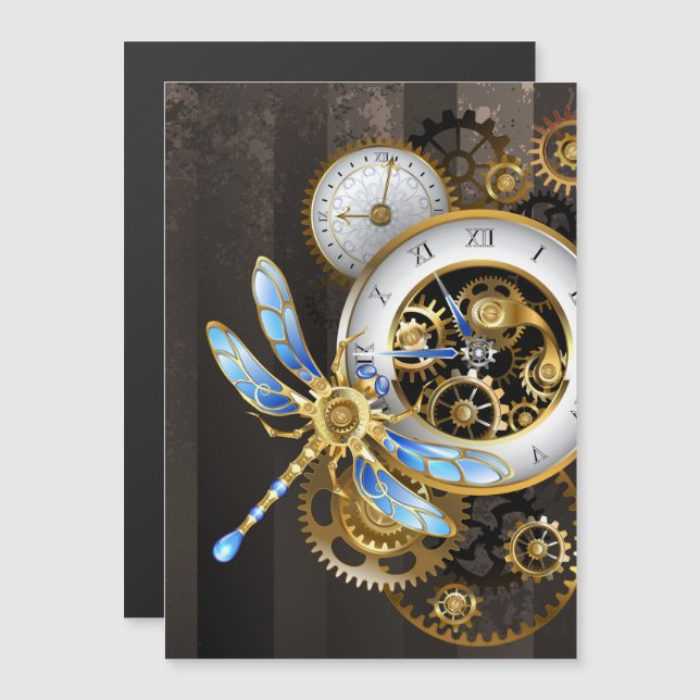 Invitation Magnétique Horloge à vapeur avec libellule mécanique (Devant / Derrière)