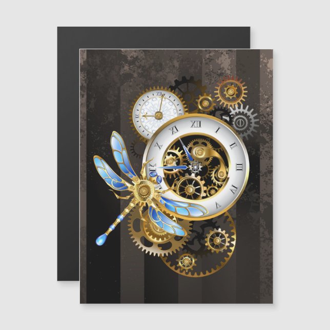 Invitation Magnétique Horloge à vapeur avec libellule mécanique (Devant / Derrière)