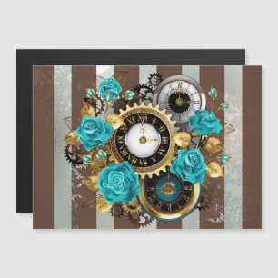 Invitation Magnétique Horloge à vapeur et Roses turquoise sur le sol