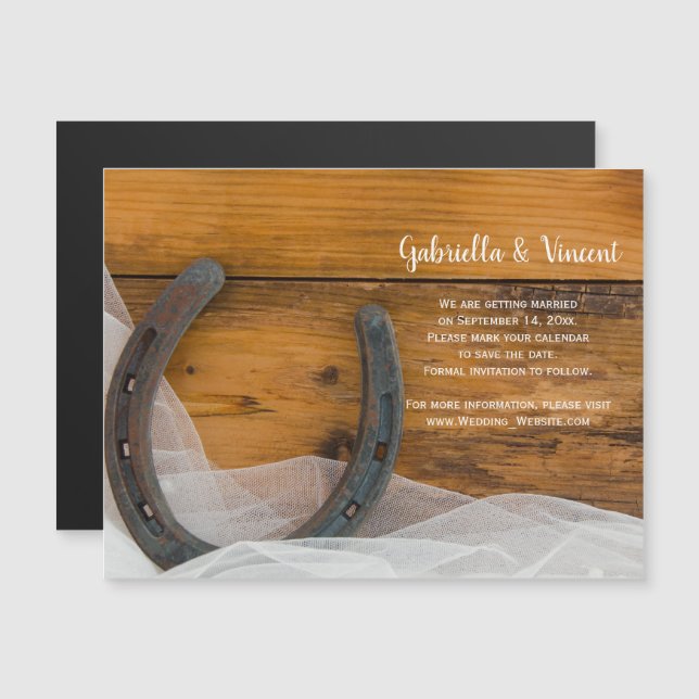 Invitation Magnétique Horseshoe et Voile Western Wedding Enregistrer la  (Devant / Derrière)