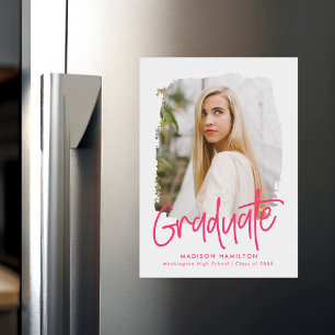 Invitation Magnétique Hot Pink Graduation de la photo de script préppy