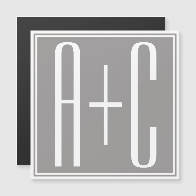 Invitation Magnétique Initiales de couples modifiables | Blanc & Gris (Devant / Derrière)