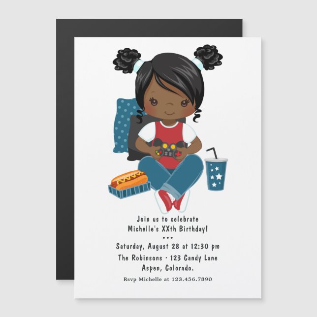 Invitation Magnétique Jeu de fille Vidéo de nuit Jeu Anniversaire (Devant / Derrière)
