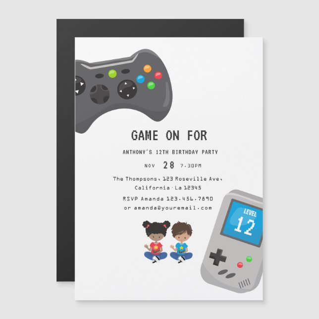 Invitation Magnétique Jeux vidéo fête d'anniversaire (Devant / Derrière)