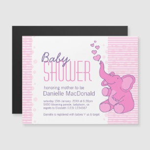 Invitation Magnétique Joli baby shower Eléphant rayures roses