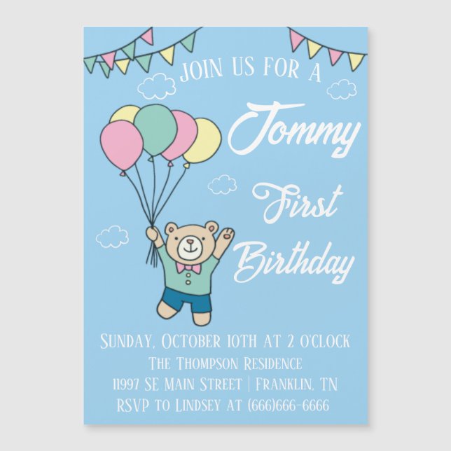 Invitation Magnétique Joli Ours Brown Hot Air Balloon Boy Anniversaire (Devant)