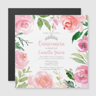Invitation Magnétique Joli rose Floral Quinceañera Silver Tiara Carré