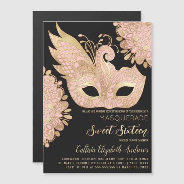 Invitation Magnétique Joli rose or noir Mascarade Masque Sweet 16 (Devant / Derrière)