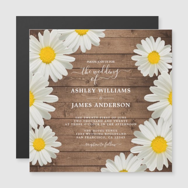 Invitation Magnétique Jolies marguerites Blanc Floral Rustique Bois Mari (Devant / Derrière)