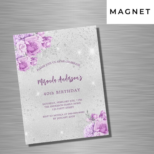 Invitation Magnétique Jour d'anniversaire de luxe de fleurs violet rose  (Créateur téléchargé)