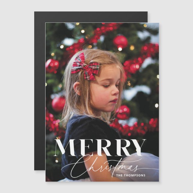 Invitation Magnétique Joyeux script magique Serif Portrait de Noël Photo (Devant / Derrière)