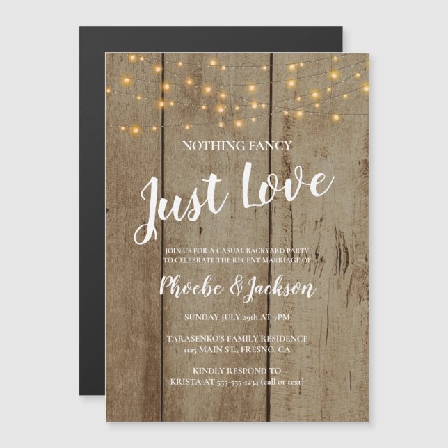 Invitation Magnétique Just Love Rustic String Lights Mariage Elopement (Devant / Derrière)