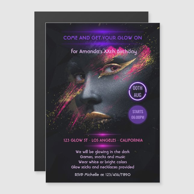 Invitation Magnétique La lueur dans le parti Dark Neon (Devant / Derrière)