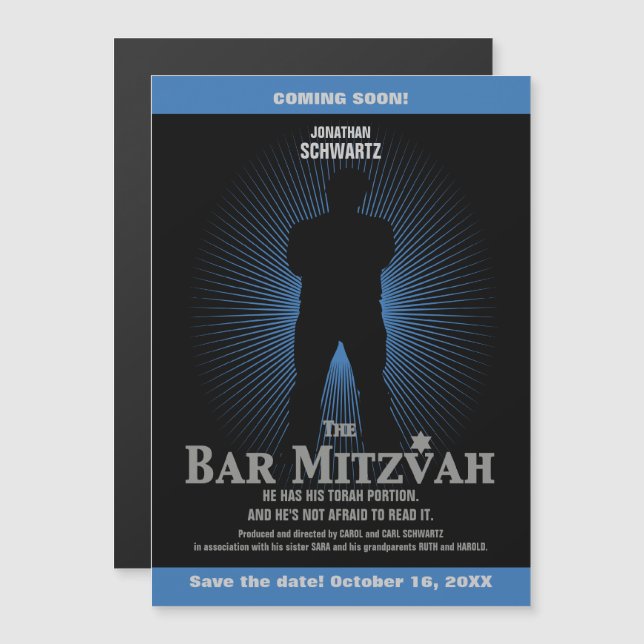 Invitation Magnétique Le film Star Bar Mitzvah Sauvez la date Black Navy (Devant / Derrière)