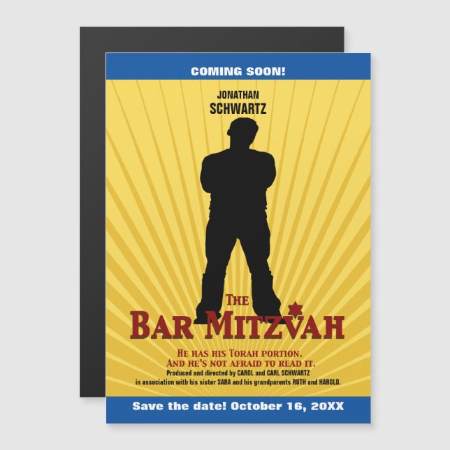 Invitation Magnétique Le film Star Bar Mitzvah Sauvez la date Jaune Bleu (Devant / Derrière)