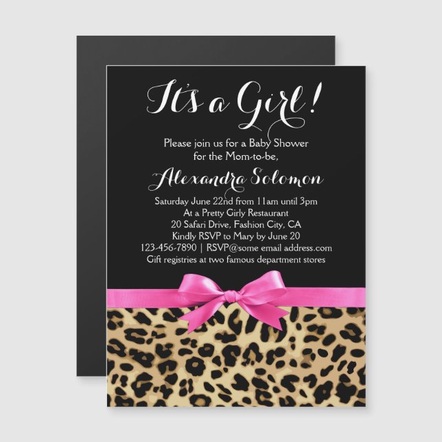 Invitation Magnétique Leopard Hot rose Bow C'est un Baby shower Safari f (Devant / Derrière)