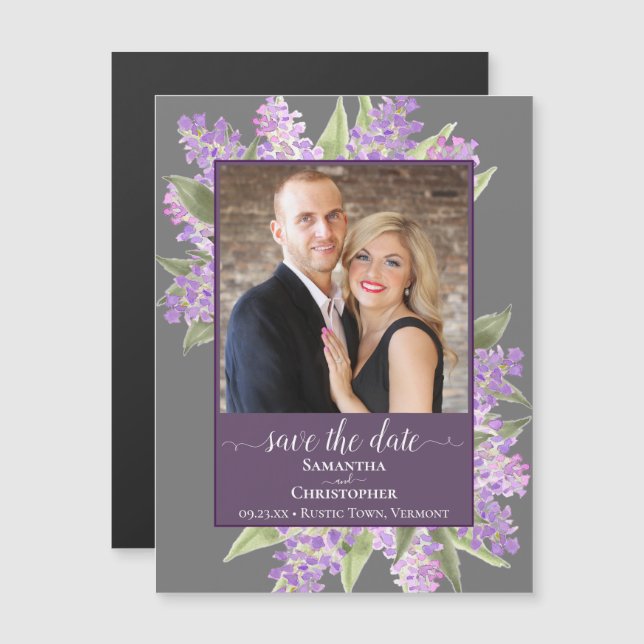 Invitation Magnétique Lilacs rustiques et photo Mariage gris Enregistrer (Devant / Derrière)