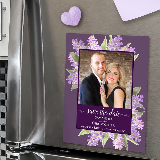 Invitation Magnétique Lilacs rustiques & Photo Mariage violet Enregistre (In Situ on Refrigerator)