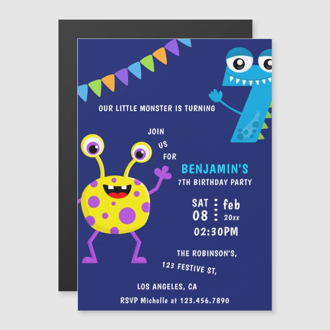 Invitation Magnétique Little Monster Boy 7e fête d'anniversaire (Devant / Derrière)